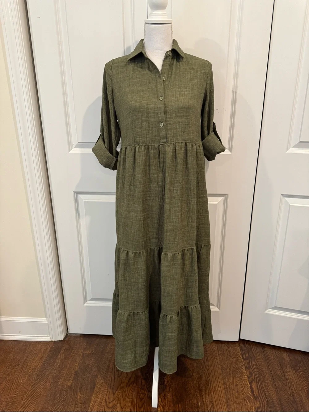 Max Studio London Olive Green Tiered Maxi Dress XS Boho